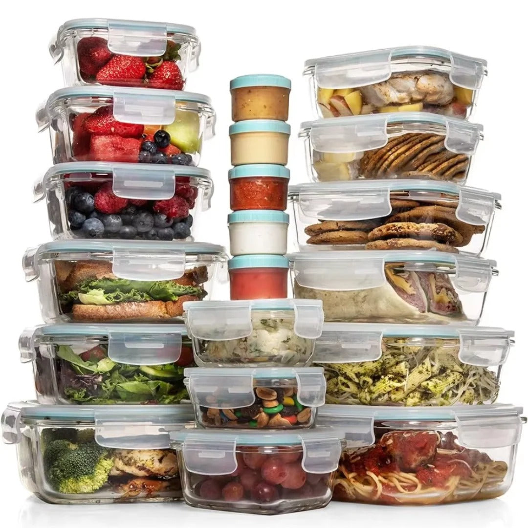 Set of 35 Belro food storage containers in various sizes for kitchen organization and fresh food preservation.