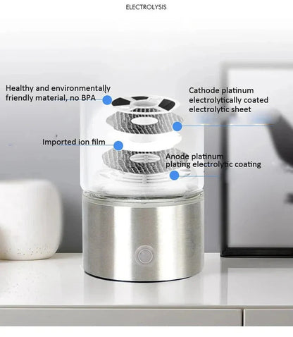 Belro hydrogen water bottle with sleek design, featuring a transparent body and lid, ideal for portable hydration and water infusion.