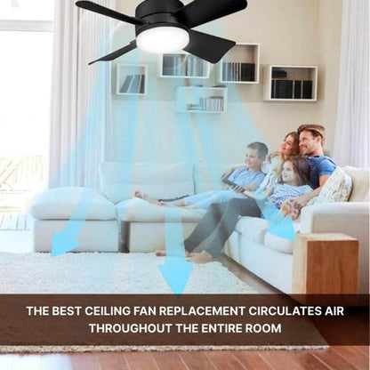 Belro ceiling-mounted outdoor fan installed in a home patio, featuring metal blades and a sleek design for outdoor cooling.