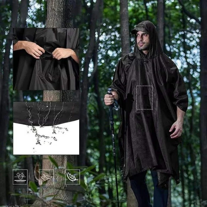 Belro rain poncho for outdoor coverage, lightweight waterproof clothing with adjustable hood and side openings for outdoor activities.