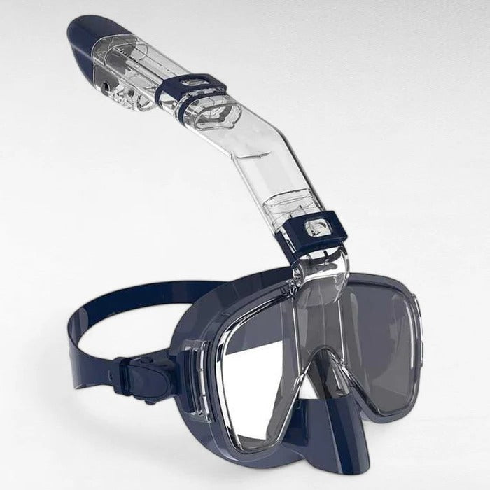 Belro snorkeling mask with dry top system, clear silicone skirt, adjustable straps, designed for outdoor water activities.