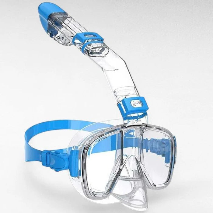 Belro snorkeling mask with dry top system, featuring adjustable straps and clear lens for underwater swimming and snorkeling activities.