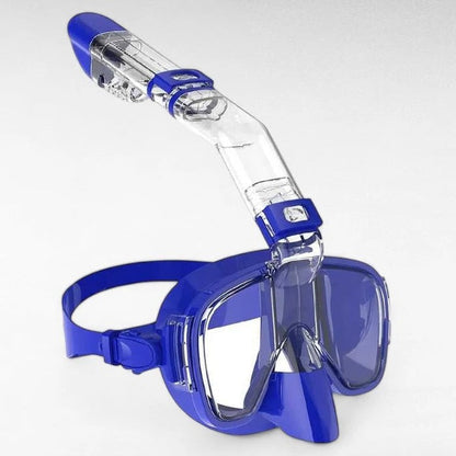 Belro snorkeling mask with dry top system, clear silicone skirt, adjustable strap, and snorkel for comfortable underwater exploration.