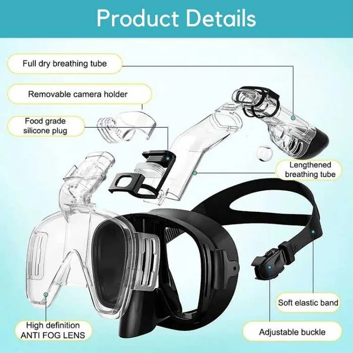 Belro snorkeling mask with dry top system, clear face shield and adjustable straps, designed for comfortable underwater snorkeling.