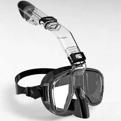 Belro snorkeling mask with dry top system, clear view lens, adjustable strap, and comfortable seal for underwater exploration.