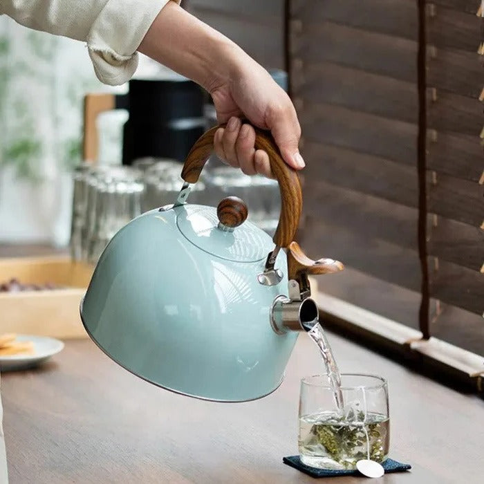 Belro whistling kettle for hot drinks, featuring a classic stainless steel design with a handle and spout for easy pouring.