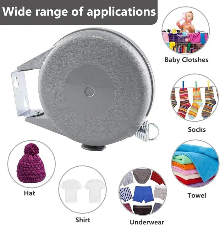 Belro retractable washing line with swivel wall mount for indoor or outdoor laundry drying, compact and easy to install.