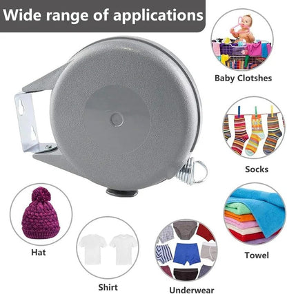 Belro retractable washing line with swivel wall mount for indoor or outdoor laundry drying, compact and easy to install.