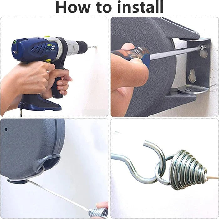 Belro retractable washing line with swivel wall mount for indoor and outdoor laundry drying, mounted on a wall in a home laundry area.