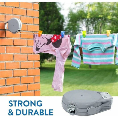 Belro retractable washing line with swivel wall mount, ideal for indoor and outdoor laundry drying, mounted on a wall.