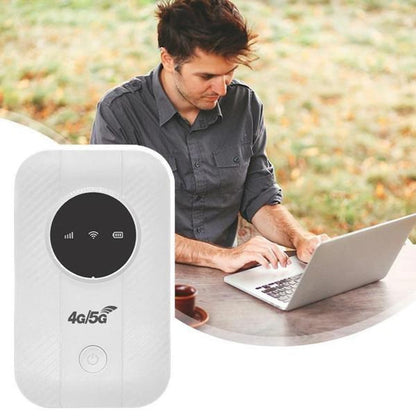 Belro portable WiFi router for electronics, showing compact design with multiple ports and indicator lights on a sleek surface.