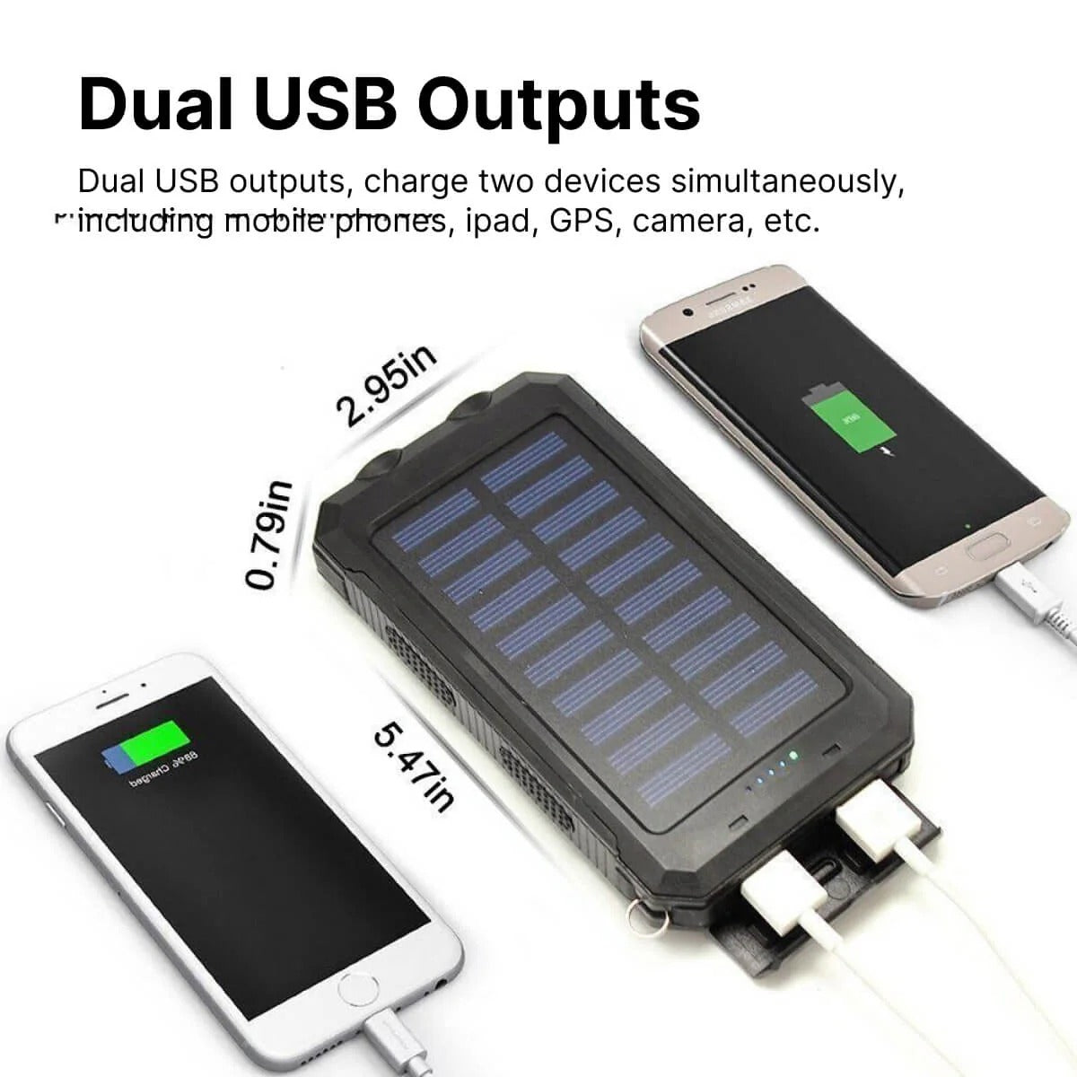 Belro waterproof solar charger power bank showing solar panels and USB ports for portable device charging outdoors.