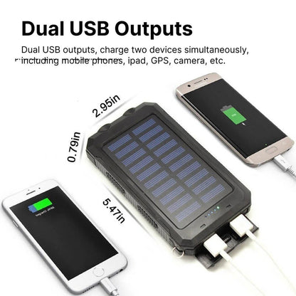 Belro waterproof solar charger power bank showing solar panels and USB ports for portable device charging outdoors.