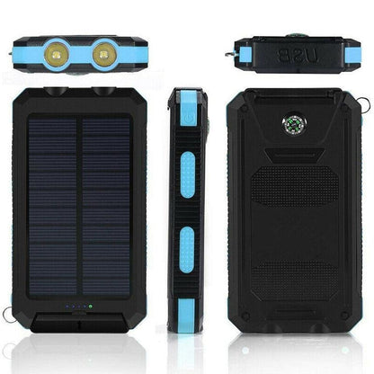 Belro waterproof solar charger power bank with solar panels and USB ports, designed for outdoor electronic device charging.