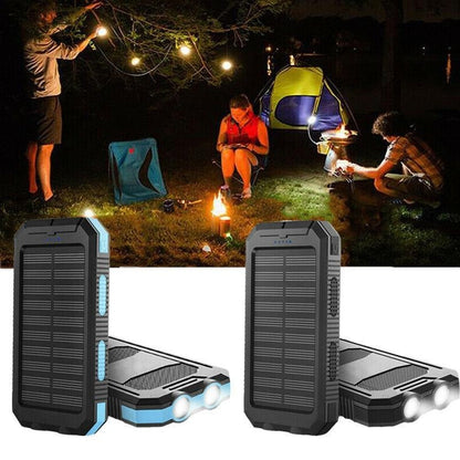 Belro waterproof solar charger power bank with USB ports, rugged design, and built-in solar panels for outdoor charging.