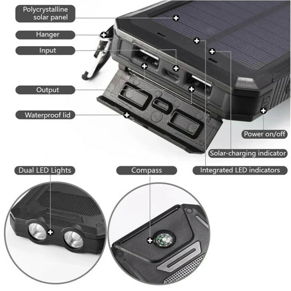 Belro waterproof solar charger power bank with solar panels and USB ports, designed for outdoor electronic device charging.