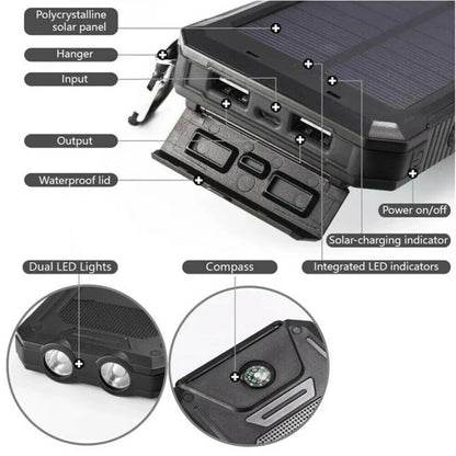 Belro waterproof solar charger power bank with solar panels and USB ports, designed for outdoor electronic device charging.