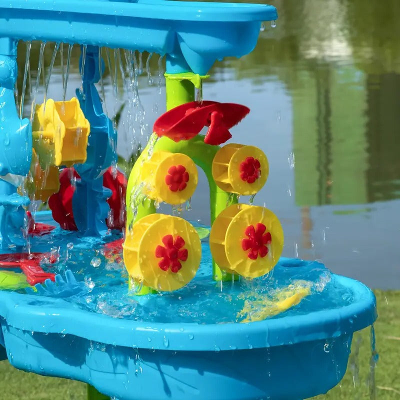 Image of a 3-in-1 outdoor sand and water table for kids, featuring colorful plastic components and a sturdy design.