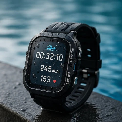 Belro waterproof sports smartwatch displaying digital time, fitness tracking features, and a sleek black design.