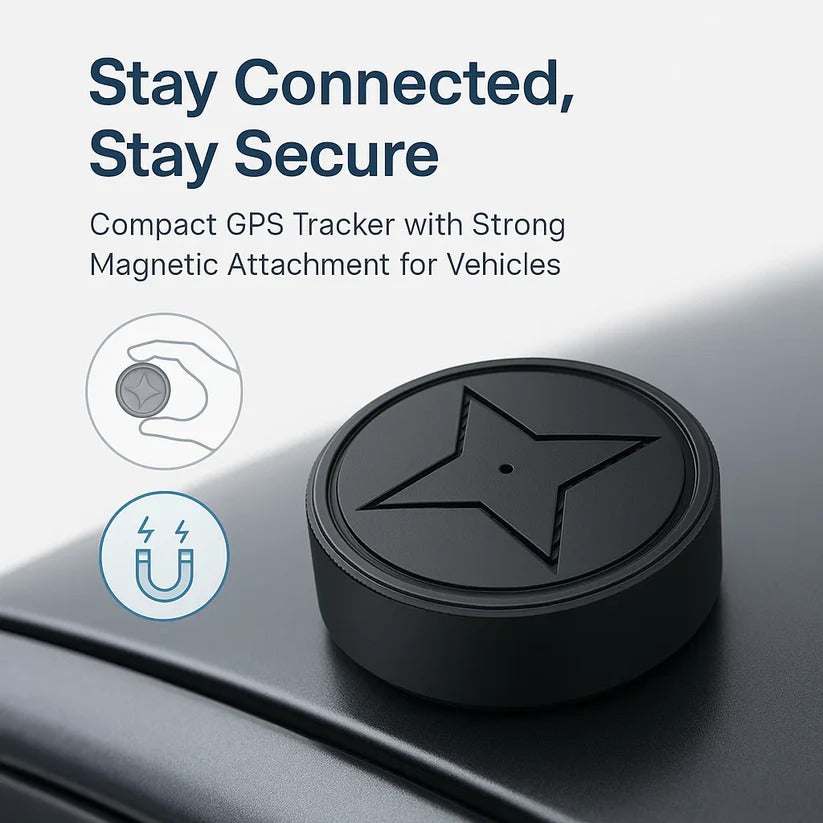 Mini magnetic GPS tracker by Belro with compact design, shown attached to a vehicle for real-time location tracking.