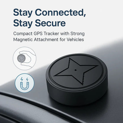 Mini magnetic GPS tracker by Belro with compact design, shown attached to a vehicle for real-time location tracking.