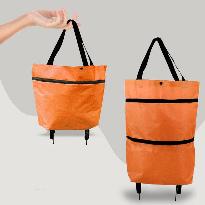 Belro 2-in-1 foldable shopping bag with wheels, compact luggage with shoulder strap and sturdy wheels for easy transport.