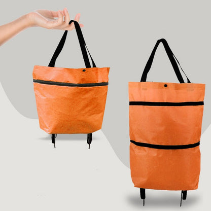 Belro 2-in-1 foldable shopping bag with wheels, compact luggage with shoulder strap and sturdy wheels for easy transport.