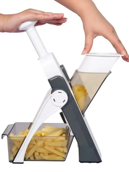 Belro 5-in-1 vegetable slicer with collecting tray, compact kitchen appliance for slicing, dicing, and shredding vegetables efficiently.