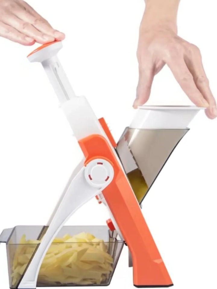 Belro 5-in-1 vegetable slicer with collecting tray, featuring multiple blades for slicing, dicing, and shredding vegetables efficiently