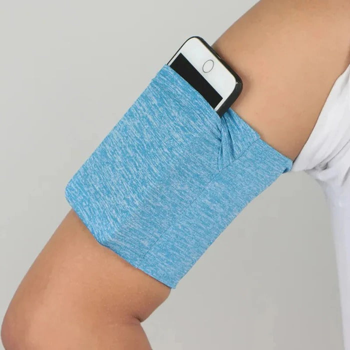 Belro running arm phone bag worn on an arm, designed for activewear with a secure pocket for smartphones during exercise.