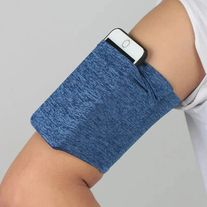 Belro running arm phone bag in black, designed for activewear, with adjustable strap and secure pocket for mobile devices.