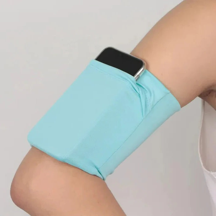 Belro running arm phone bag worn on arm, black activewear accessory with adjustable strap for sports and exercise.