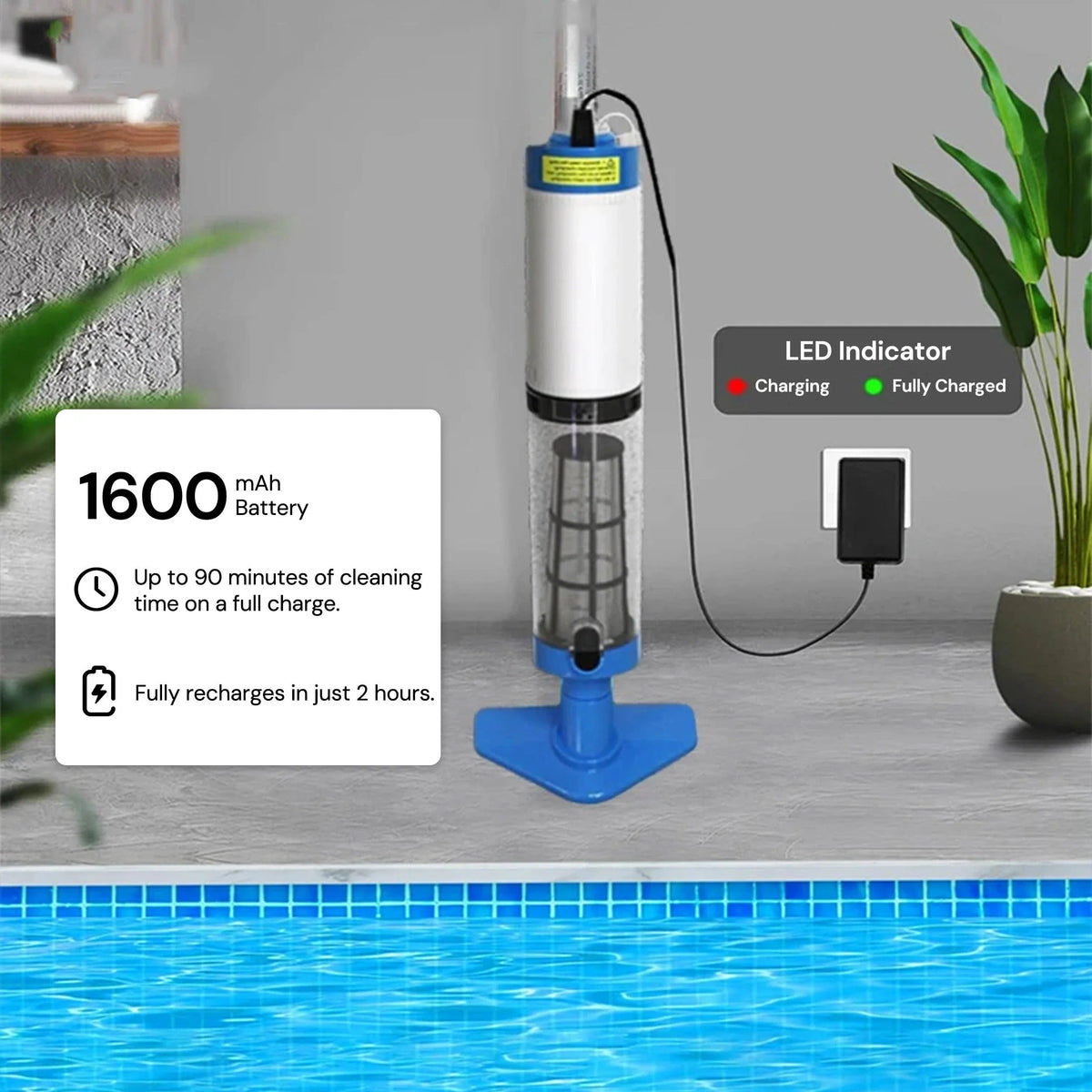 Belro cordless pool cleaner for outdoor use, showing its compact design and cleaning brushes in action in a backyard pool