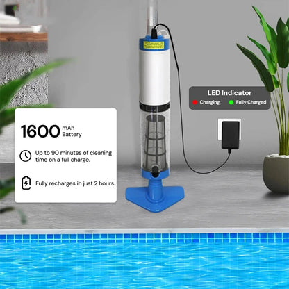 Belro cordless pool cleaner for outdoor use, showing its compact design and cleaning brushes in action in a backyard pool