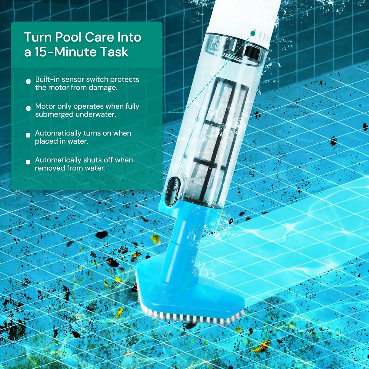 Belro cordless pool cleaner in action, showcasing its compact design and cleaning attachments for outdoor swimming pools.