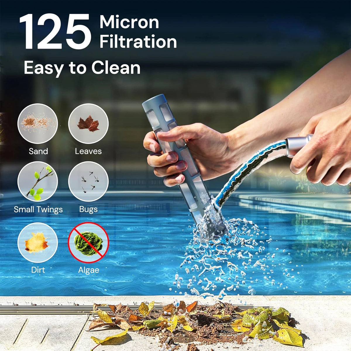 Belro cordless pool cleaner in action, showcasing its compact design and cleaning brushes for outdoor pool maintenance.