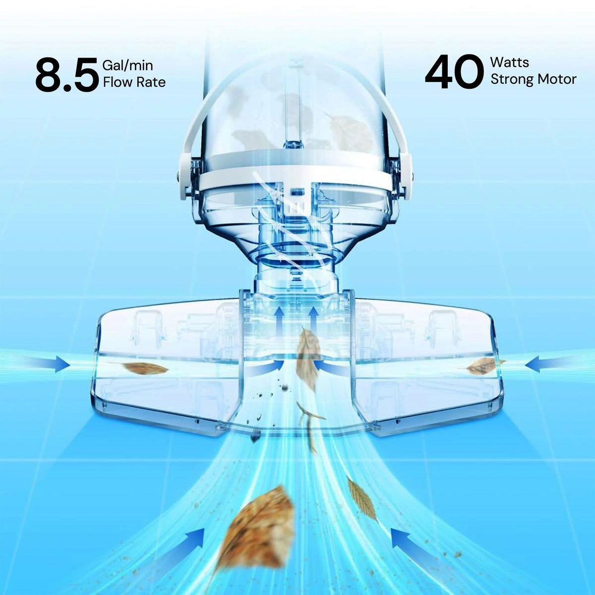Belro cordless pool cleaner for outdoor use, showing compact design and cleaning brush in a home and garden setting.