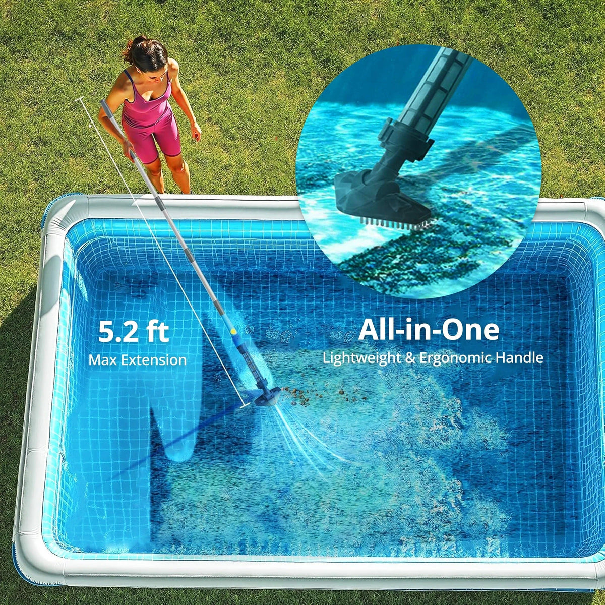 Belro cordless pool cleaner with flexible hose and scrub brush, designed for efficient outdoor pool cleaning in the home and garden.