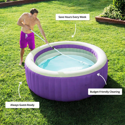 Belro cordless pool cleaner showing a compact, battery-powered device cleaning a swimming pool in an outdoor garden setting.