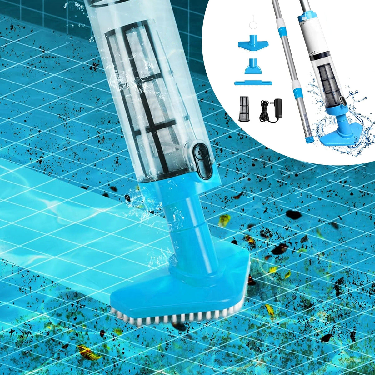 Belro cordless pool cleaner in action, showing its compact design and cleaning head for outdoor pool maintenance.