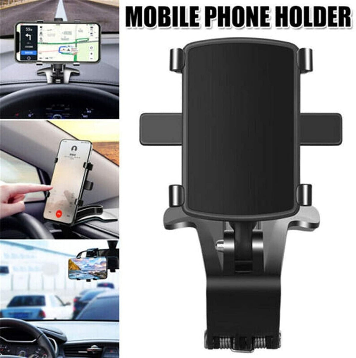 Belro Universal 360° car phone holder mounted on a dashboard, adjustable for secure smartphone placement.