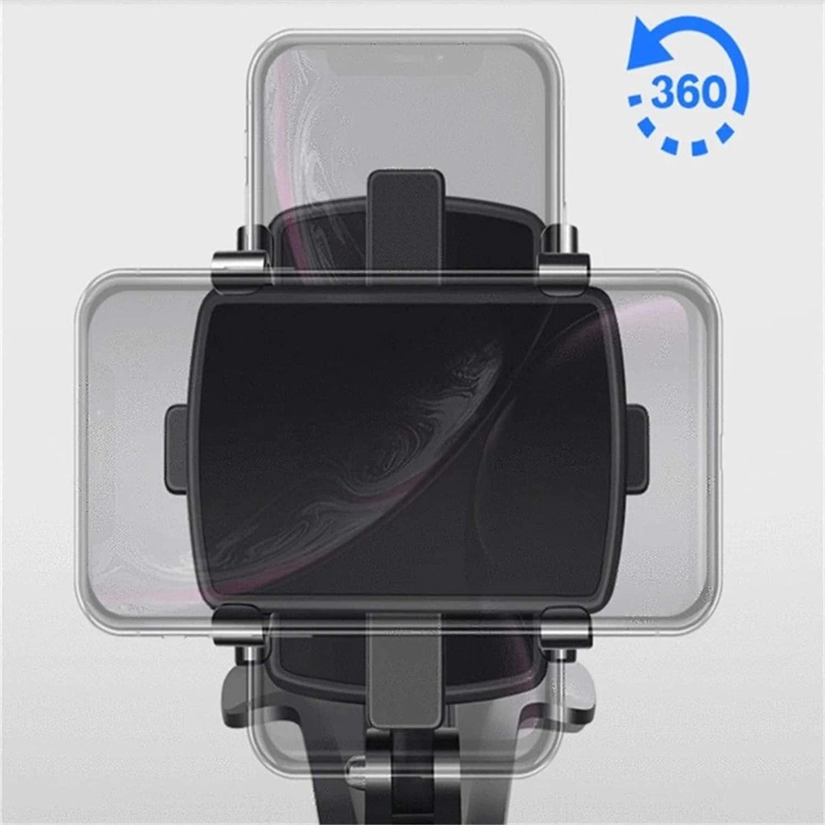 Belro Universal 360° car phone holder mounted on a dashboard, adjustable for smartphones, in a sleek black design.