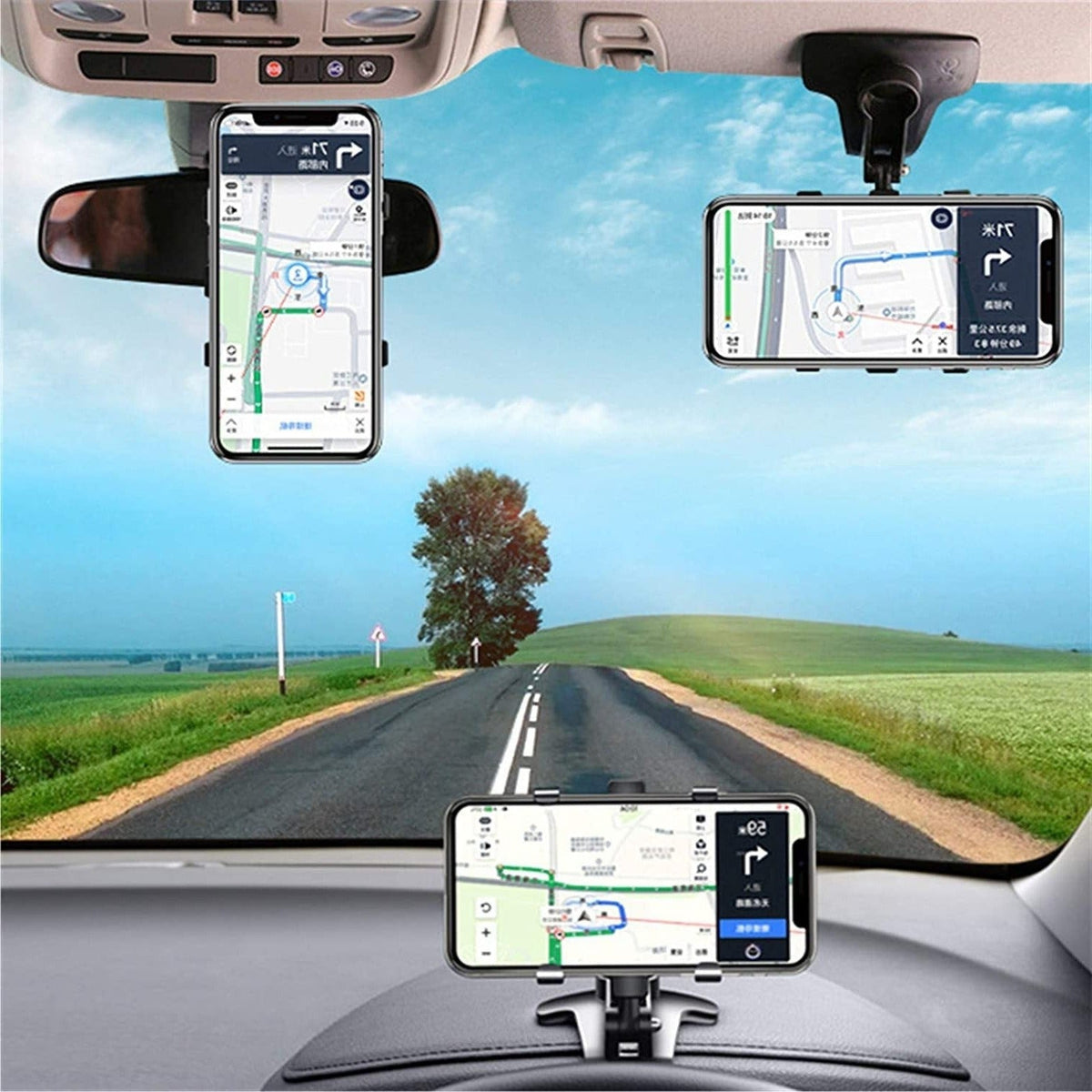 Belro Universal 360° car phone holder mounted on a dashboard, holding a smartphone securely for hands-free use.