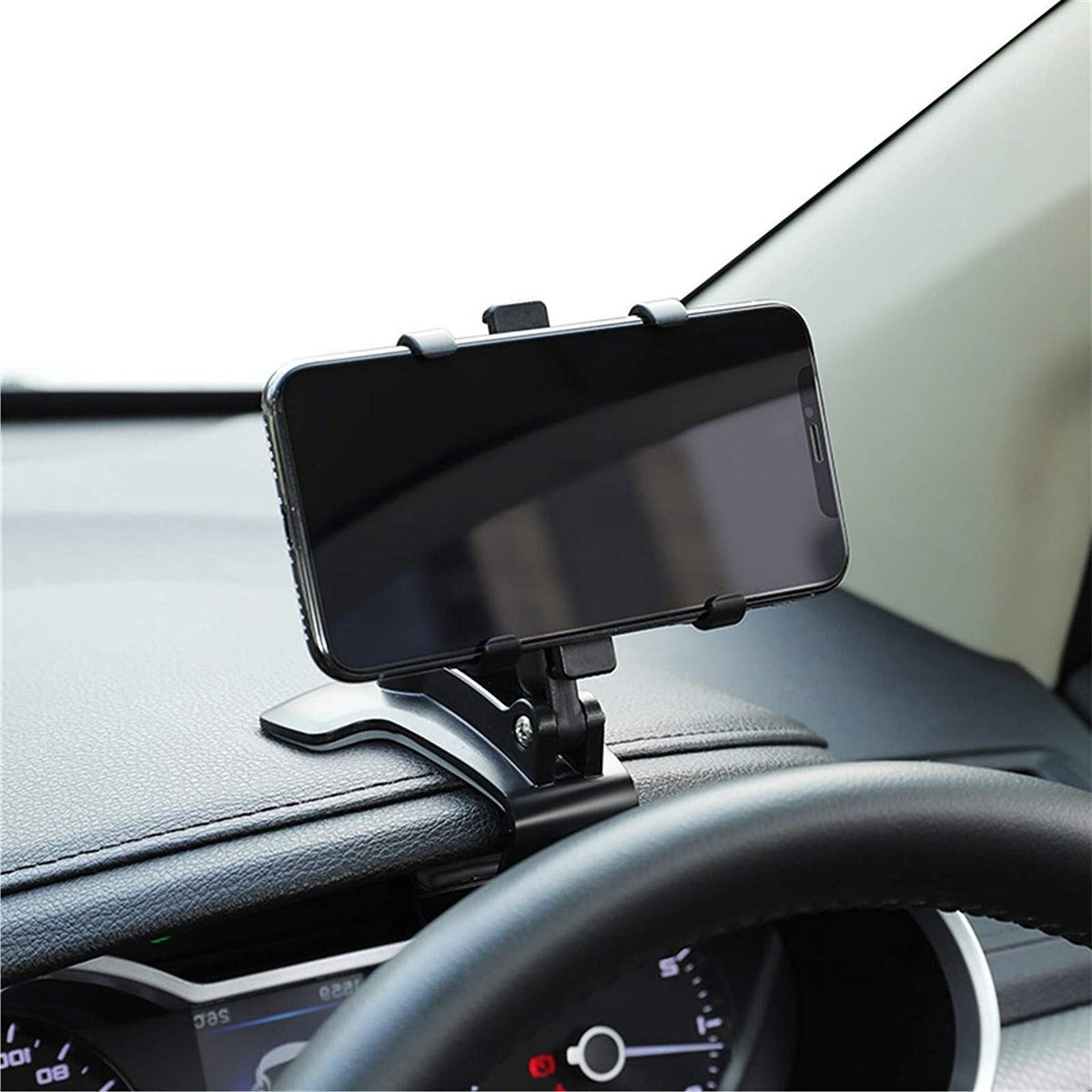 Belro Universal 360° car phone holder mounted on a dashboard, adjustable for secure smartphone placement during driving.