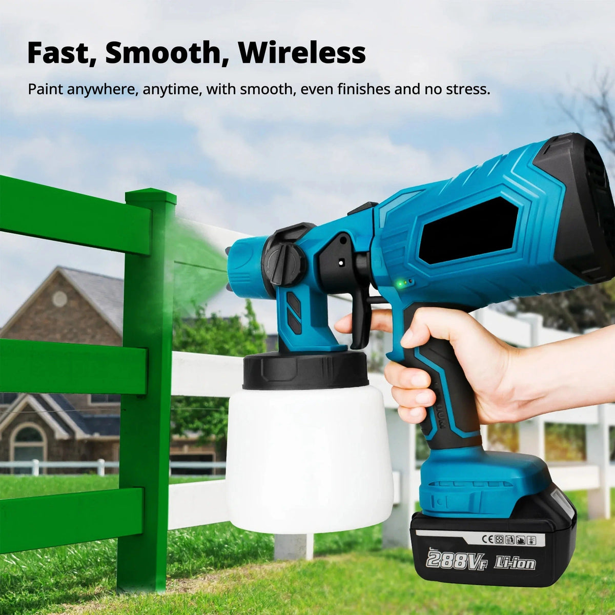 Belro cordless paint sprayer for tools and hardware, showing its lightweight design and spray nozzle in a workshop setting.