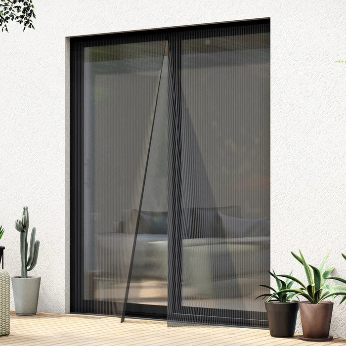 Belro magnetic door mosquito net installed in an outdoor home setting, featuring mesh panels for insect protection.