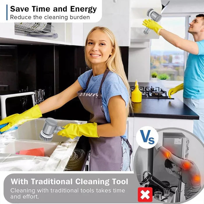 Belro Turbo Spin Scrubber for easy cleaning, shown with rotating brush and ergonomic handle for home and garden use.