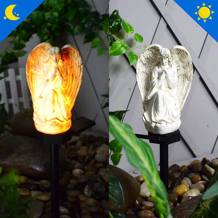 Belro Solar Angel Garden Light illuminating a garden at dusk, featuring a decorative angel design and solar-powered lighting.