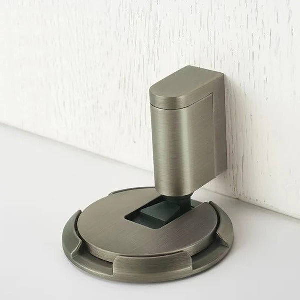 Heavy duty adjustable door stopper by Belro, showing durable metal construction and adjustable height for secure door positioning.