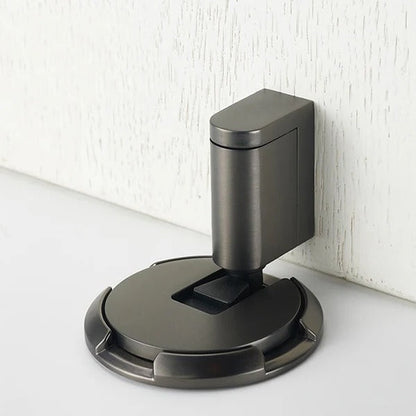 Belro heavy-duty adjustable door stopper in black, shown mounted on a door to prevent movement and protect walls.
